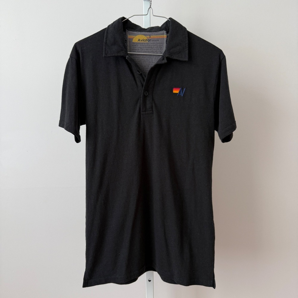 Aviator Nation sz S Black Short Sleeve Polo Shirt Rainbow‎ Logo Preppy Casual